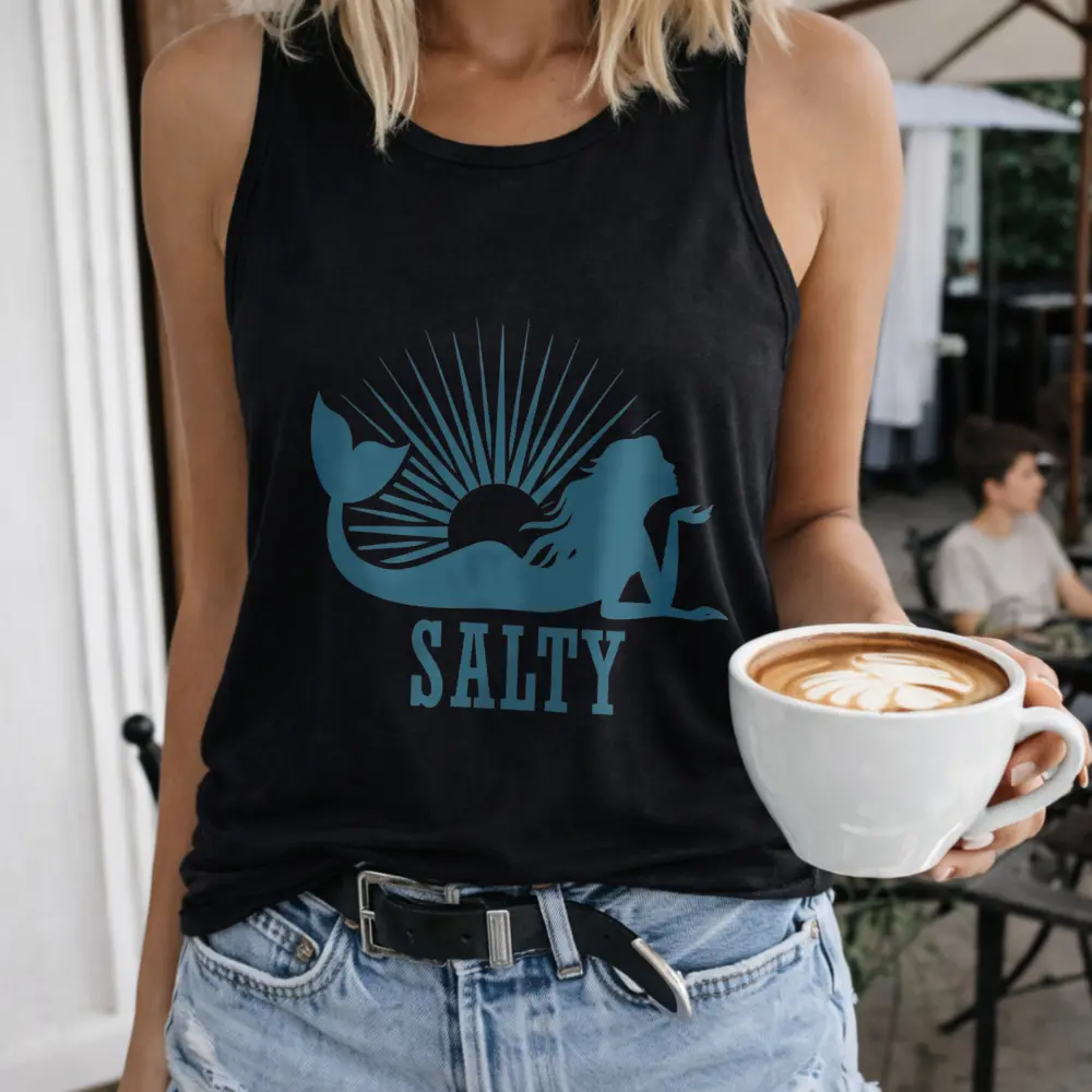 Women's Streetwear Fashion Mermaid Sunburst Salty Design Print Crew-Neck Short-Sleeve T-Shirt, Casual Outdoor Pullover Vest, Matching Tops, Tshirt