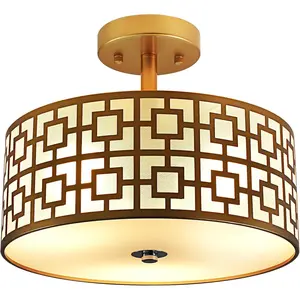 Flush Mount Ceiling Light: Modern 3-Light Semi Flush Mount Light Fixture - Drum Kitchen Lighting Fixture for Dining Room - Gold Bedroom Ceiling Lamp with Double Shade