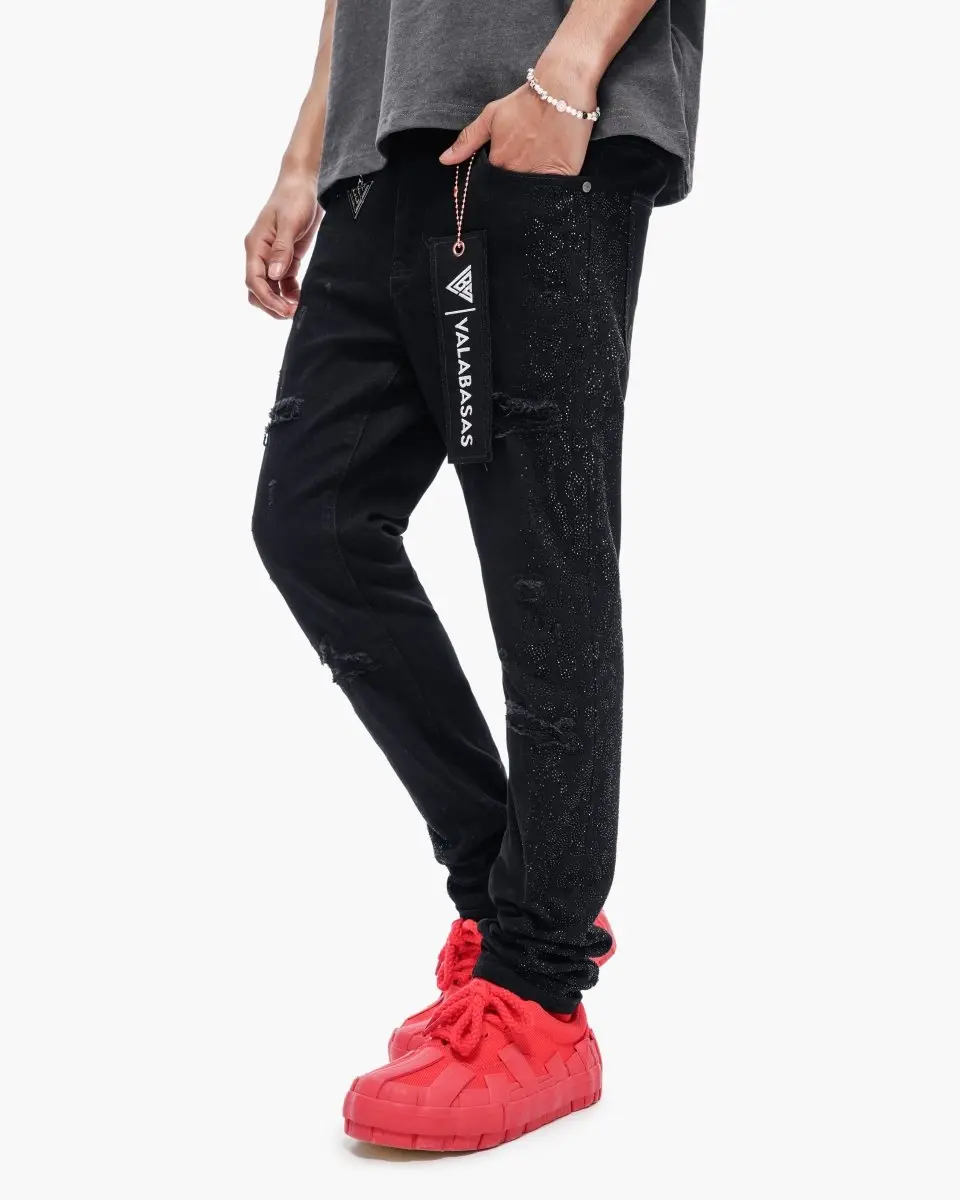 Men's Skinny Fit Jeans, Jet Black Distressed Stretch Denim with Rhinestone Accents and 5-Pocket Styling, Spandex, Menswear, True Size, Zip Fly