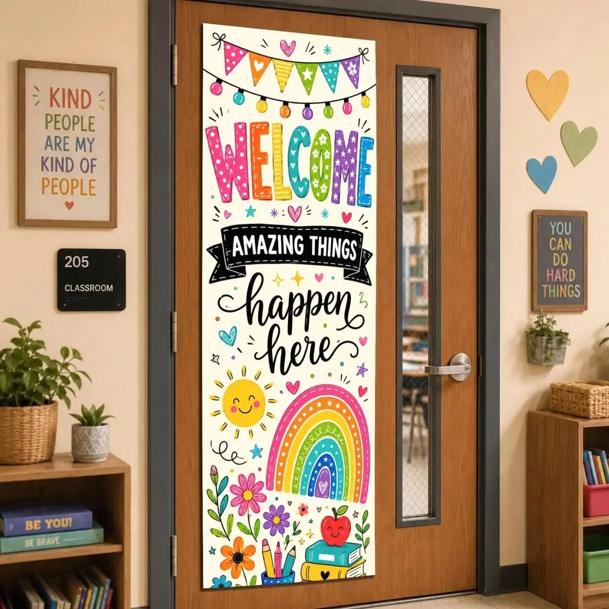 Rainbow Doodle Classroom Door Banner, Polyester Linen Teacher Tapestry, Back To School Decor