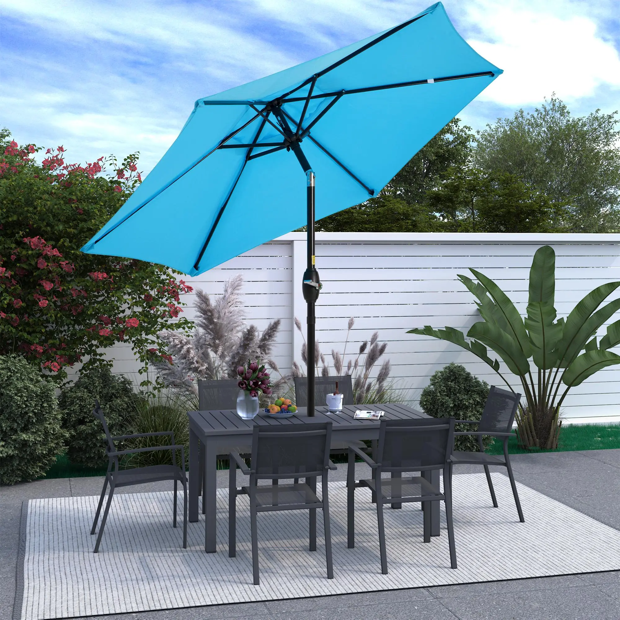 RoyalCraft L 7.5 ft Patio Umbrella Outdoor Market Umbrella Tilt Button and Crank 6 Ribs for Deck Lawn Pool& Backyard Lake Blue