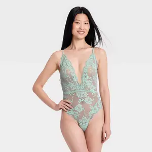Women's Eyelash Lace High Leg Lingerie Bodysuit - Auden Mint Blue M