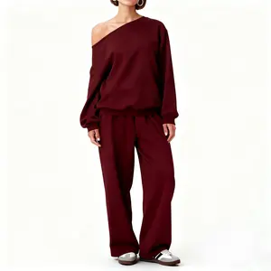 Women's Solid Color Two Piece Outfit, Sloping Shoulder Top & Wide Leg Pants Set, Casual Loungewear Tracksuit