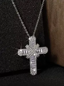 1pc Women'S Cross Necklace, Glitter Cross Pendant, Crystal Cross Necklace, Moissanite Crystal Birthstone Cubic Zirconia Rhinestone Necklace, Religious Cross, Suitable For Giving To Lover/Friend/Birthday Gift/Bridal Wedding Gift, Women'S Jewelry