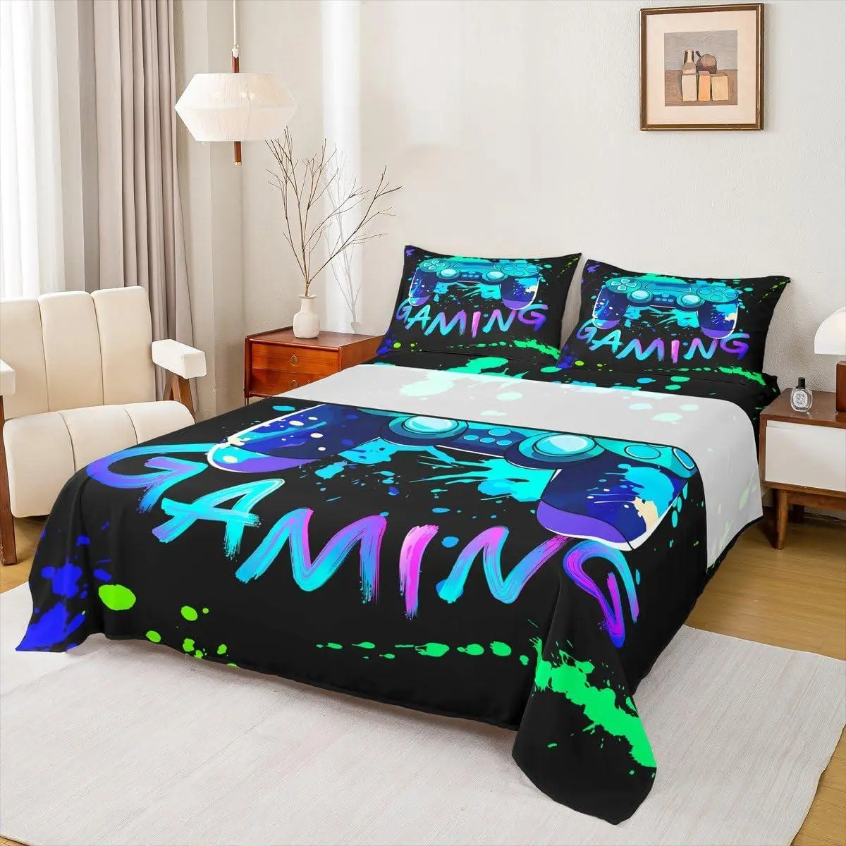 Youth Gaming Sheet Set,Modern Gamer Bedding Set with Deep Pocket Fitted Sheet + Flat Sheet + Colorful Action Buttons Bed Sheet Set for Kids Boys Teens Room Decor