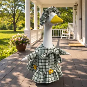 Spring Summer Farmhouse Plaid Small Flower Porch Goose Costume Set, Fits 23 Inch Outdoor Statue Decoration, Garden Festival Yard Decor, Garden Accessories