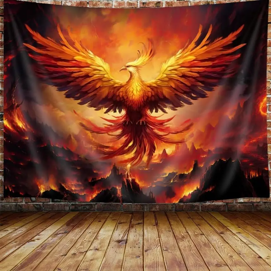 Fantasy Phoenix Bird Large Tapestry for Men, Red Anime Animal Hippie Tapestry Wall Hanging for Bedroom, Aesthetic Cool Tapestry Beach Blanket College Dorm Home Decor (80" W X 60" H)