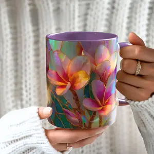 Plumeria Stained Glass Faux 3D Mug Aesthetic Spring Flower Art Coffee Cup for Women Home Decor Gift Mother’s Day Birthday