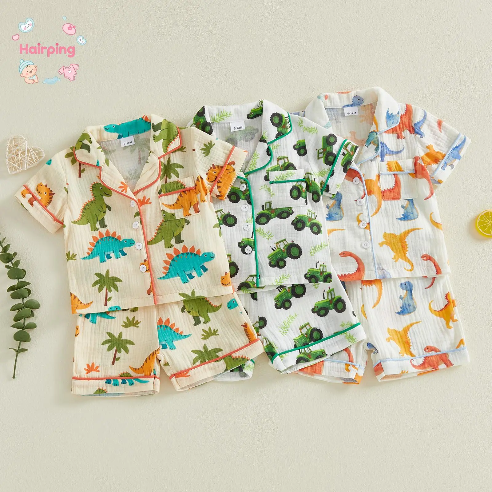 Toddler Boys' 2-Piece Short Sleeve Cotton Muslin Pajama Set - Dinosaur/Tractor Print, Soft Breathable Baby Boy Clothes Sleepwear Outfits for Summer, Soft Breathable Sleepwear, Toddler Pajamas