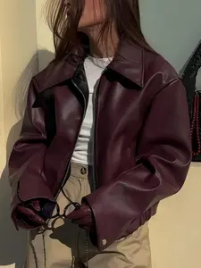 Autumn New Loose Long Sleeve Pu Jacket, Versatile Commuter Casual Coat, Wine, Comfortable Fit for Daily Wear Outerwear