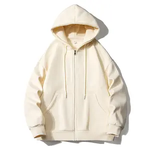 Men's Full Zip Hoodie Beige Oversized Casual Jacket with Zipper for Everyday Wear Comfortable Fit Elegant Style