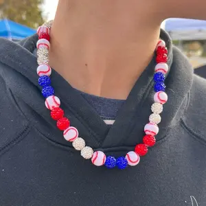 Red, White, Blue Baseball Bling Necklace with Baseballs, Elegant Design, Perfect for Baseball Enthusiasts