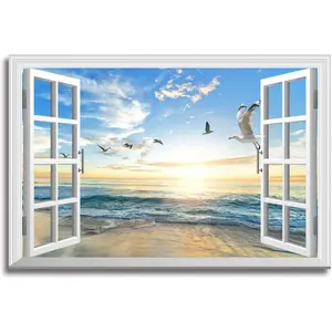 Beach Pictures Canvas Wall Art Fake Open Window Ocean Seagull Birds Blue Natural Scene Landscape for Living Room Decor 36 x 24 Decoration Sunset