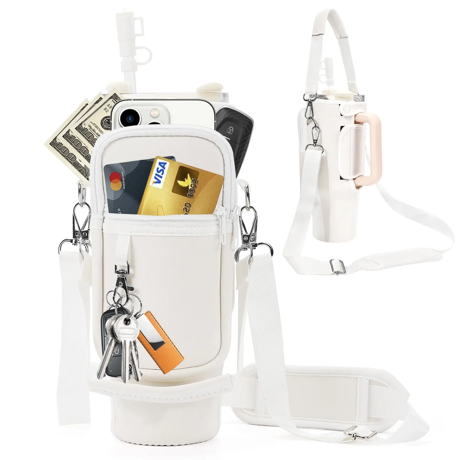 Washable Water Bottle Carrier Bag with Phone Pocket, Compatible with Stanley 40oz Tumbler Cup Mugwith Carrying Strap, Drinkware Accessories, Kids Cov