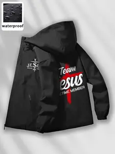 Men's Casual Waterproof Hooded Jacket, Team Jesus Slogan & Cross Element, Fitted Design, Versatile for Daily Wear & Commuting
