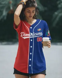 Dominican Republic Baseball Fan Jersey, Custom Name Number Button Front 3D Shirt, Red Blue Gradient, International Tournament 2026 Wear