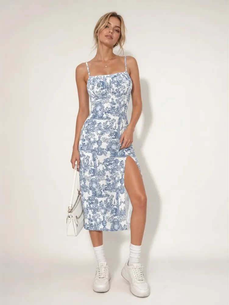 2026 Summer Spaghetti Strap Smocked Floral Midi Dress High Waist Slit Sheath Outfit For Beach Vacation Brunch City Walk Date Night Casual Feminine Women Going Out Mid Length Gown