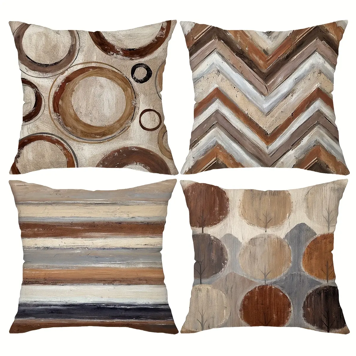 4pcs, Bohemian Geometric Decorative Throw Pillow Covers, Stylish Brown Abstract Modern Home Decor Cushion Covers. Zippered Polyester Farmhouse-Style Pillowcases for Living Room & Bedroom, Single Sided Printing, No Pillow Core