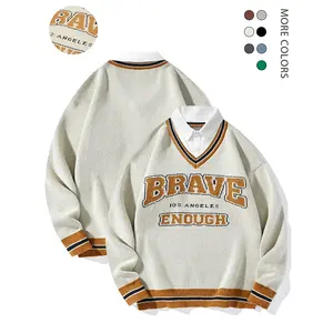 #SummerVibes Men's fake two-piece sweater with letter V collar, loose casual long sleeved shirt collar, seasonal base shirt, fashionable men's college style unisex sweater Menswear Pullover Knitwear Print