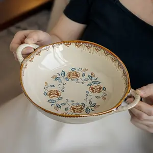Vintage Hand-Painted Ceramic Soup Bowl, Floral Pattern, 770ML Capacity, Non-Bone China, Dual Handles, Heat-Resistant, Ceramic Food Bowl, Home Use Ceramic Dish