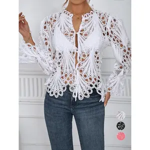 Women's Plain Hollow Out Flounce Sleeve Button Blouse, Solid Color Asymmetrical Hem Long Sleeve Top for Spring Summer Fall, Fashion Women's Clothes??gift??