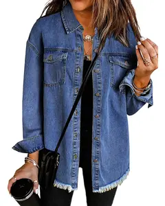 Zeagoo Jean Jackets for Women Ripped Fringe Denim Jean Jacket Casual Long Sleeve Pockets Jackets Coat christmas  denim bomber jacket Fabric