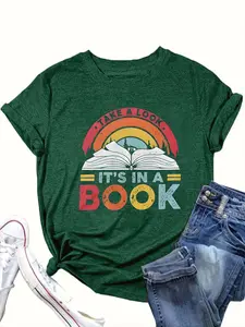 【Plus Size】 "It's in A Book" Print Round Neck Tee, Casual Short Sleeve T-shirt for Daily Wear, Women Plus Clothing for All Seasons, Top