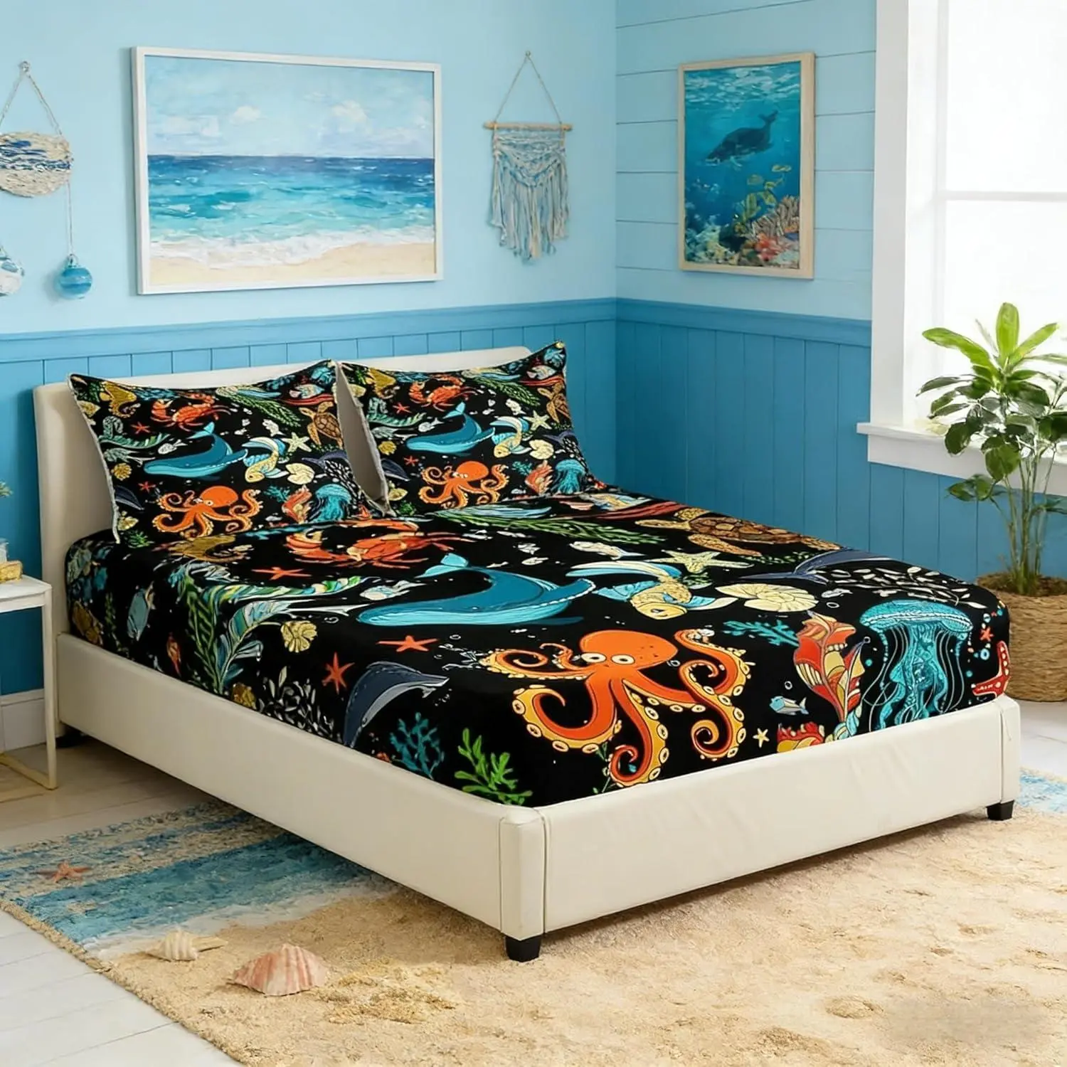 Marine Life Fitted Sheet,Whale Octopus Crab Tortoise Goldfish Bed Cover,Sea Animal Theme Bedding Set for Kids Teens Room Decor,Watercolor Bed Sheets