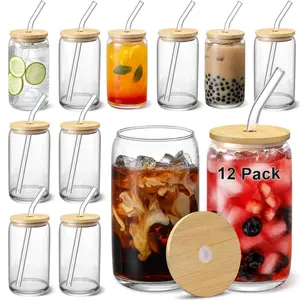 12 Pack Glass Cups with Bamboo Lids and Straws 16 oz, Gifts for Women, Drinking glasses set, Iced Coffee, Tea Cup, Cute Aesthetics Tumbler Cup, Mothers Day, Birthday Gifts for Her Mom