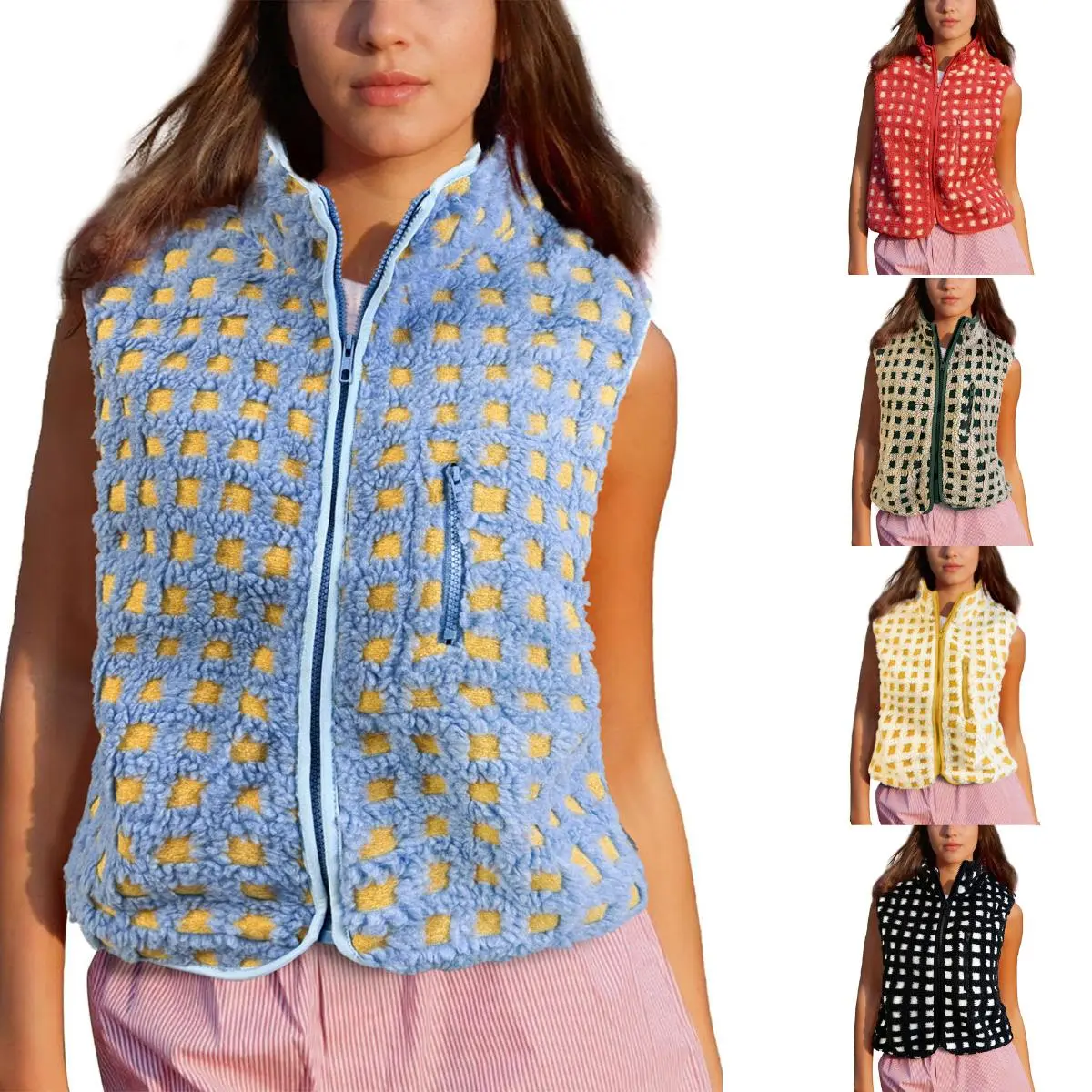 Naeduo Women's Oversize Loose Fit Checkered Sherpa Vest - High Neck, Zip-Up, Sleeveless Winter Fleece Gilet with Chest Pocket for Lady Outfits, Tops, Casual, Collared, Style