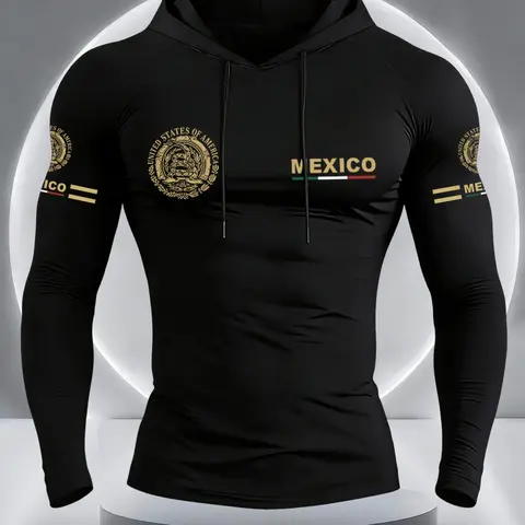 Men's Mexico Flag Eagle Print Hooded Long Sleeve T-Shirt, Comfortable Elastic Fabric, Casual Outdoor Fitness Sportswear, Casual Athletic Apparel, Casual Sports Tops, Athletic Clothes, Athletic Sports Clothing