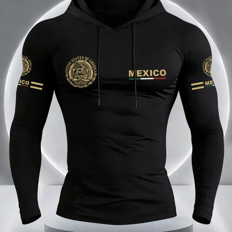 Men's Mexico Flag Eagle Print Hooded Long Sleeve T-Shirt, Comfortable Elastic Fabric, Casual Outdoor Fitness Sportswear, Casual Athletic Apparel, Casual Sports Tops, Athletic Clothes, Athletic Sports Clothing