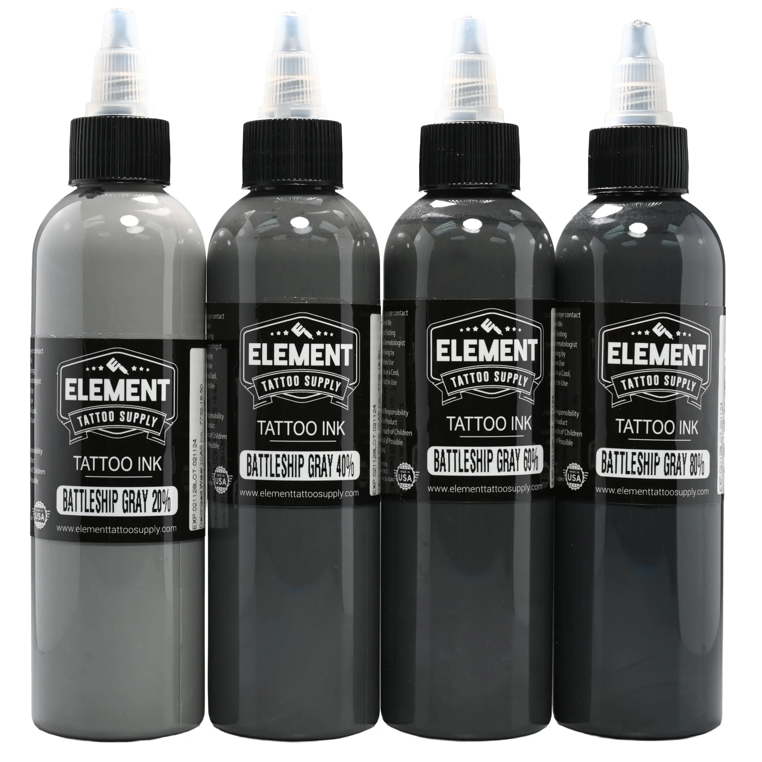 Element Tattoo Supply Gray Ink Set - 4 Shades for Mixing & Blending - Professional Tattoo Inks, 4oz Bottles, 4 Pack