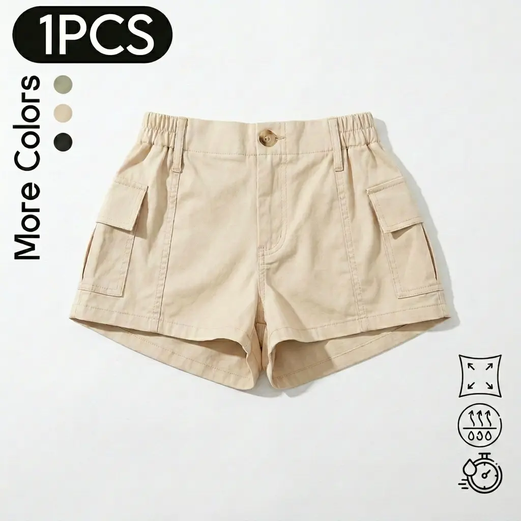 Women's Fashion Elastic Fitted Casual Cargo Shorts - Solid High-Waisted Piece with Slimming Comfort, Multiple Pockets, Stylish Design, Style, Hot Pants Fit, Machine Wash, Versatile, Lady, Button, Plain, Chic, High-Capacity