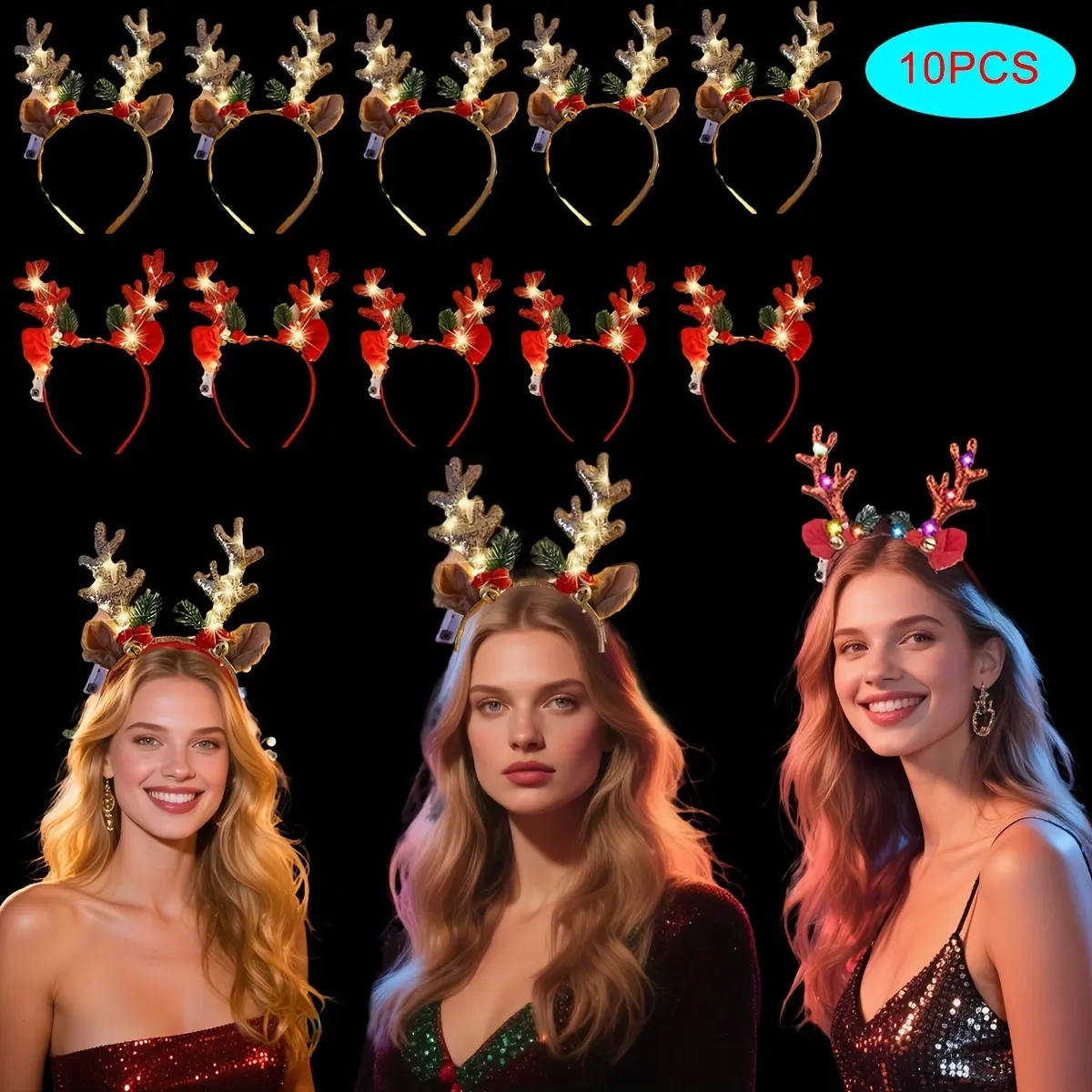 10PCS Christmas Headbands for Women & Girls Red Christmas Glitter Reindeer Antler Hairband Holiday Party Gift Costume Hair Accessory Christmas Decorations