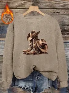 Women's Fall Winter Fitted Graphic Sweater, Soft Warm Knit Top, Casual Vintage Style, Comfortable Daily Wear, Western Atmosphere, Cowboy