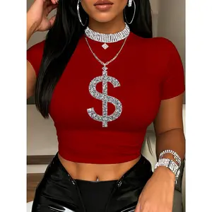 Elastic women's printed short T-shirt, Y2K round neck slim-fit summer top, soft and comfortable, breathable, slim-fit