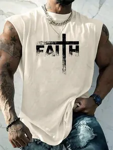 Men's Letter Print Cross Graphic Tank Top, Regular Fit Casual Comfy Sleeveless Breathable Top for Summer, Breathable Sleeveless Tops, Men's Clothes for Daily Wear, Socks