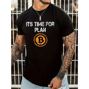 Men's Slimming Short-Sleeve 100% Cotton T-Shirt, Relaxed Crew Neck, "Time to Plan" Bitcoin Graphic, Breathable Menswear for Festival, Office, Spring-Summer, Machine Washable