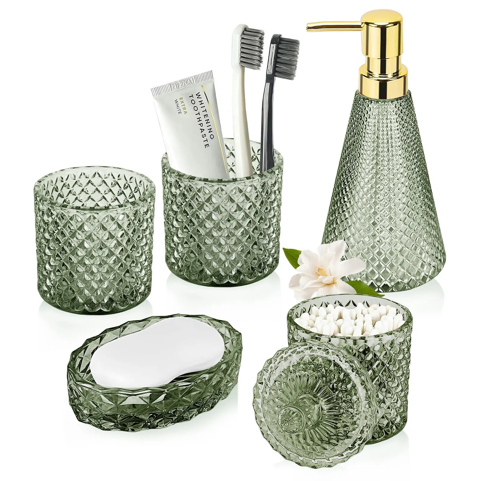 Bathroom Accessory Set, 5Pcs Bathroom Soap Dispenser Set, Green Glass Bathroom Accessory Set with Lotion Dispenser, Soap Dish, Toothbrush Holder, Tumbler, Cotton Swab Jars