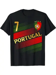 Retro Portugal National Football Team Jersey T-shirt - 100% cotton, black with green and red stripes, featuring the Portugal number 7 badge and flag design. Suitable for all seasons, this retro top can be worn as a sporty or casual outfit.