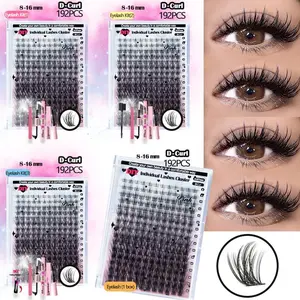 192pcs Individual Lash Clusters, Cluster Lash Extensions Kit, Mixed 8–16 mm Lengths Natural & Full Volume, Cluster Lashes, 0.07mm D Curl Beginner-Friendly DIY Eyelashes with Waterproof Long-Lasting Bond&Seal, Lash Remover Oil, Brush, Tweezers