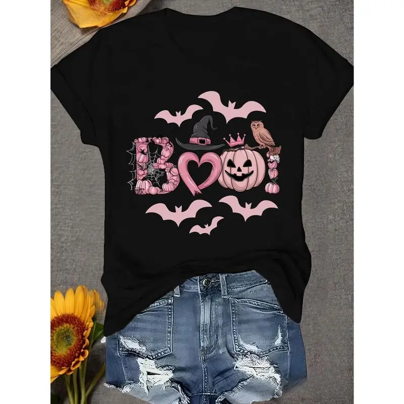 Halloween Spooky-Chic Sports Tee, Light & Smooth Fabric, Adorable "BOO!" Prints with Bat & Pumpkin Elements, Pairable with Joggers Bottoms, Everyday, Day, Shorts, Simple, Women, Top, Tshirt, Tops, Shortsleeve, Fit
