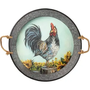 Rooster & Sunflowers Galvanized Metal Tray – Rustic Farmhouse Decor