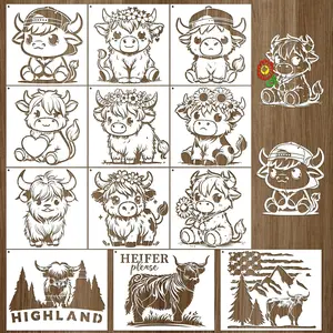 Highland Cow Stencils for Painting - 12 count  Cow Farmhouse Stencils for Crafts, Large Flower Cow  Stencils,  Template for Painting on  Canvas Furniture