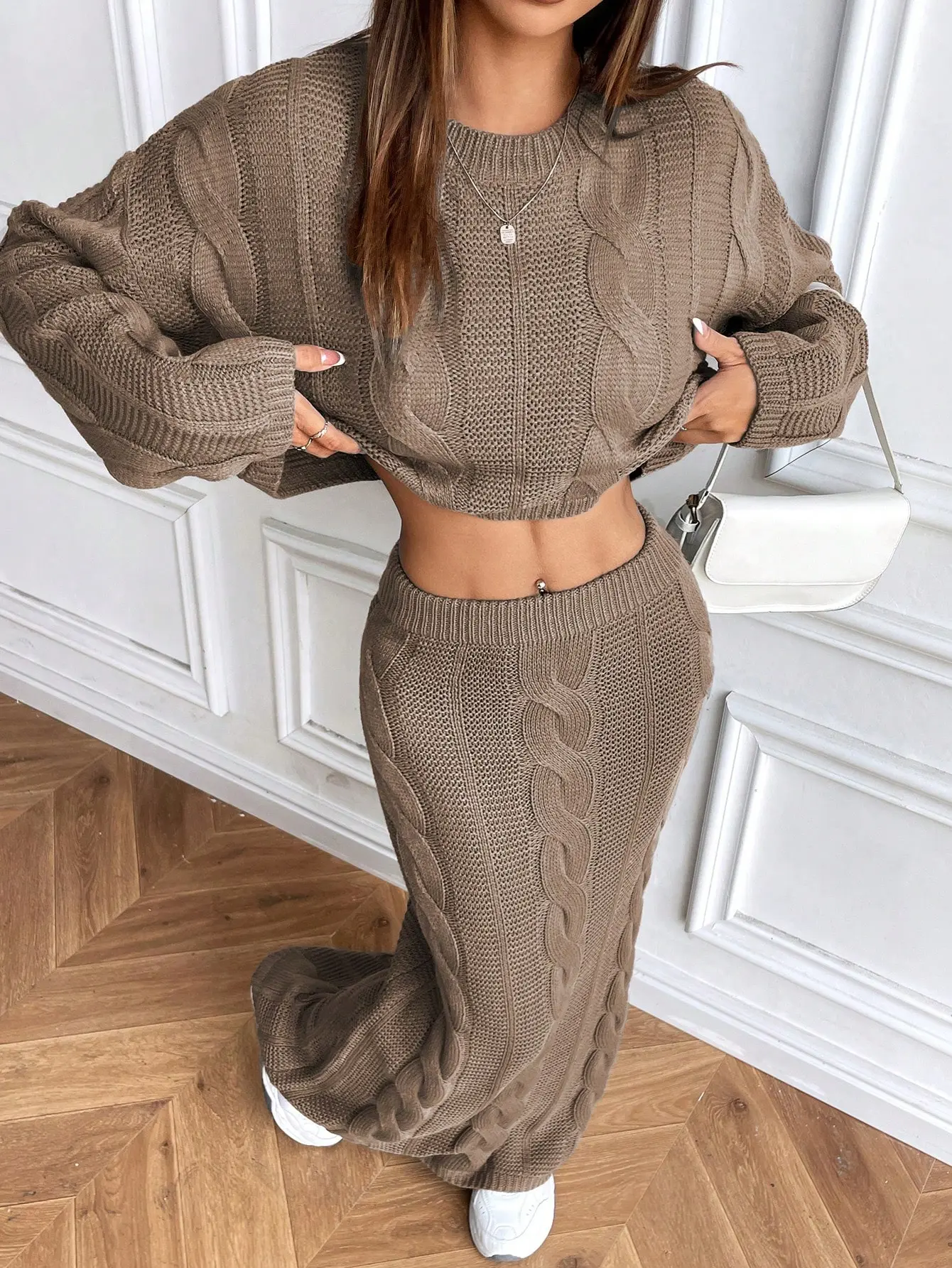 Women's Matching Sweater Set - Comfortable 2-Piece Chunky Cable Knit Outfit with Long Sleeve Cropped Pullover & High Waist Maxi Skirt, Clothes, Acrylic, Women's Clothes, Streetwear, Ribbed, Casual, Fitted, Longsleeves, Style, Drop Shoulders, Streetwear Ch