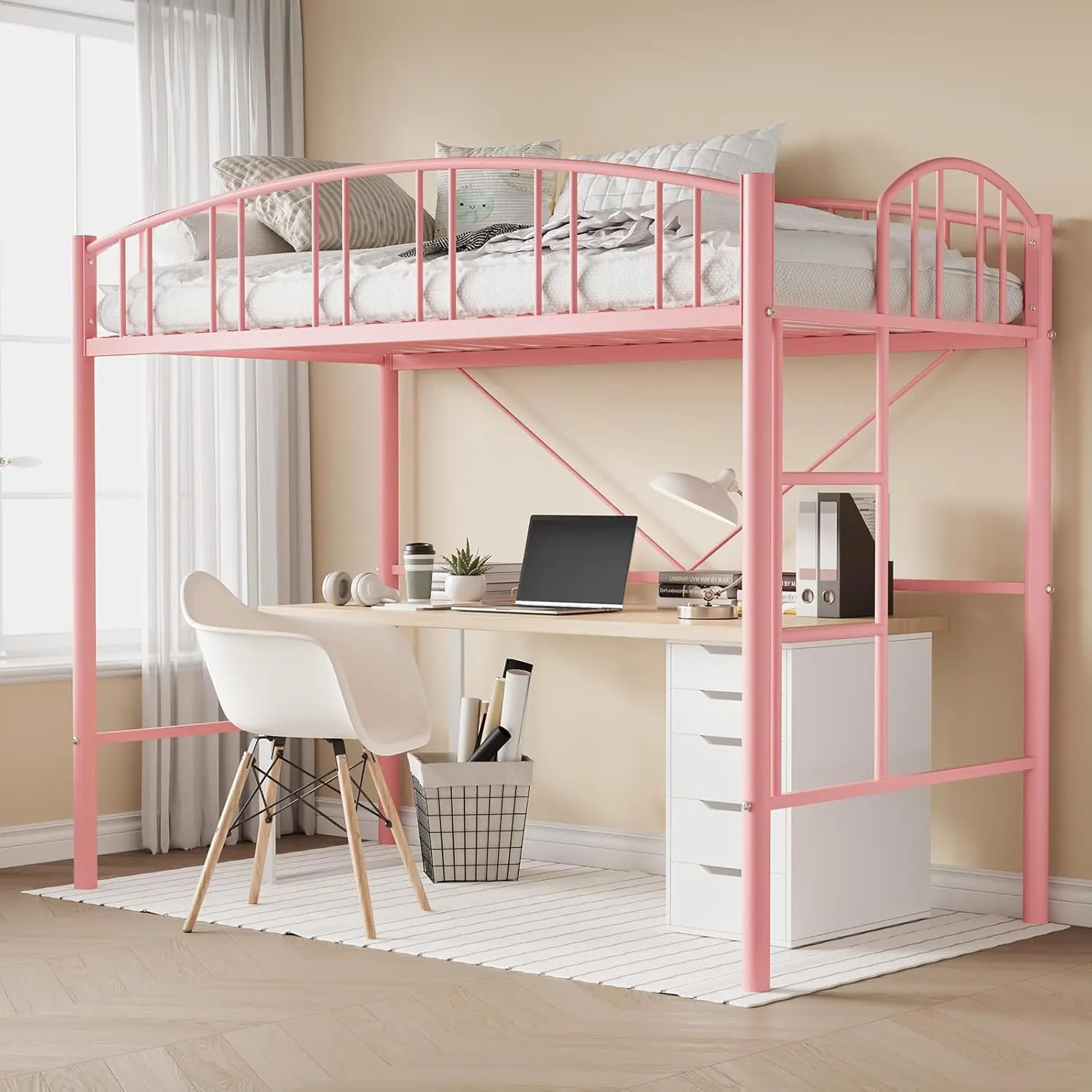 Garvee Twin Size Heavy Duty Metal Loft Bed Frame – with Ladder & Arched Guardrail, for Kids & Adults, Sturdy Steel Slats, Space-Saving Design, No Box Spring Needed, Pink