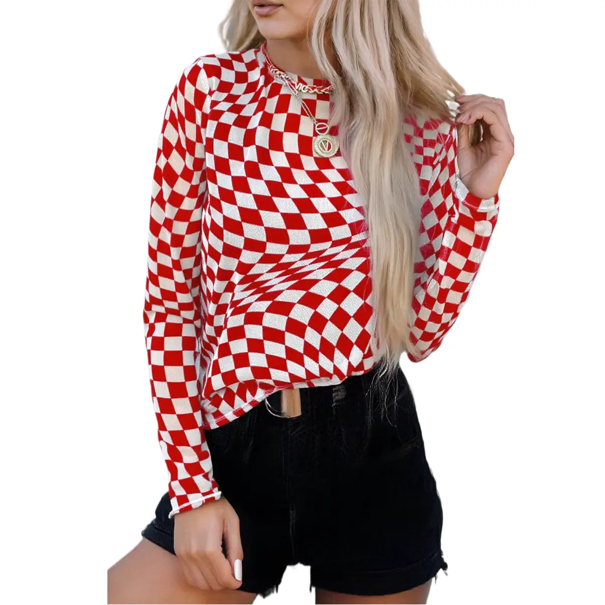 MULLVEIG Women's Comfortable Checkered Mesh Top, Sheer Long Sleeve Mock Neck Blouse for Casual Fashion, Longsleeves, Style, Lady