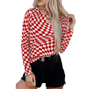 MULLVEIG Women's Checkered Mesh Top Long Sleeve Sheer Mock Neck Undershirt Blouse Shirts Everyday Womenswear