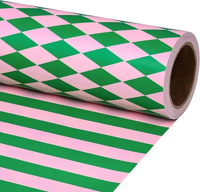 RUSPEPA Reversible Wrapping Paper, Green & Pink Stripe and Diamond Design Gift Wrap Roll for Christmas, Birthday, Valentine’s Day & Holiday Gifts,17 Inches x 16.4 Feet